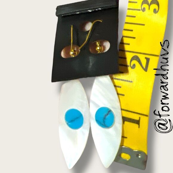 Handcrafted Mother of Pearl Earrings with Faux Turquoise Stone Inlay - Picture 6 of 7